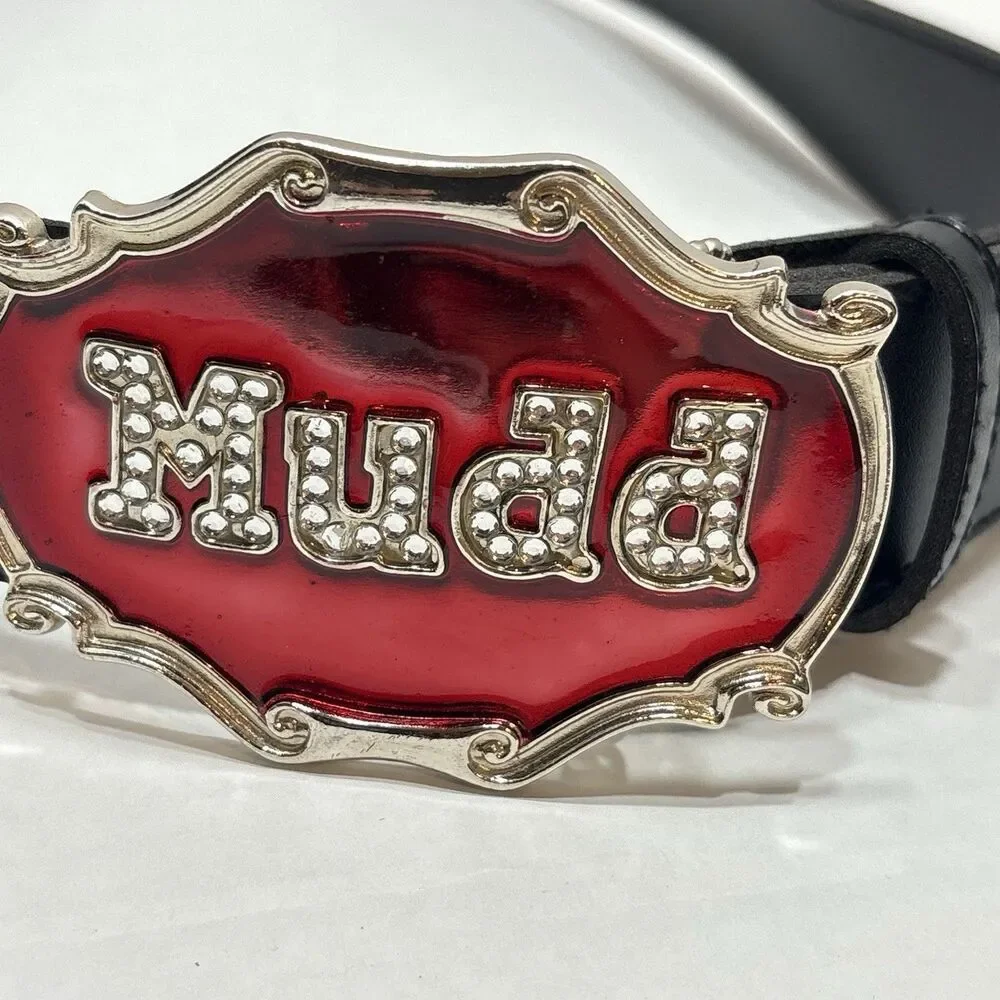 Vtg MUDD Rhinestone Spellout Belt Black Leather Red Enamel Big Statement Buckle